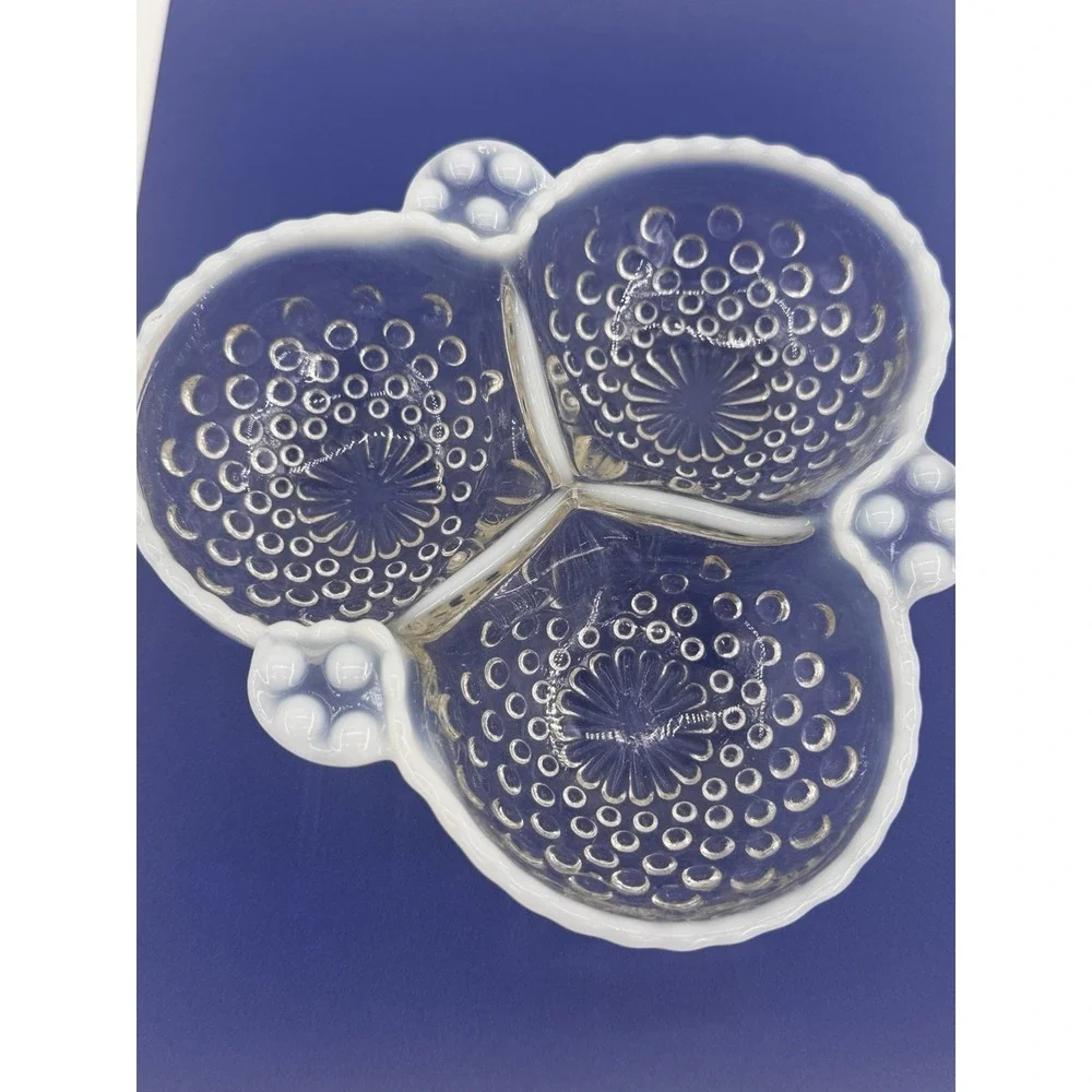 Anchor Hocking Candy Dish Hobnail Opalescent Moonstone Glass 3 Section 6.5